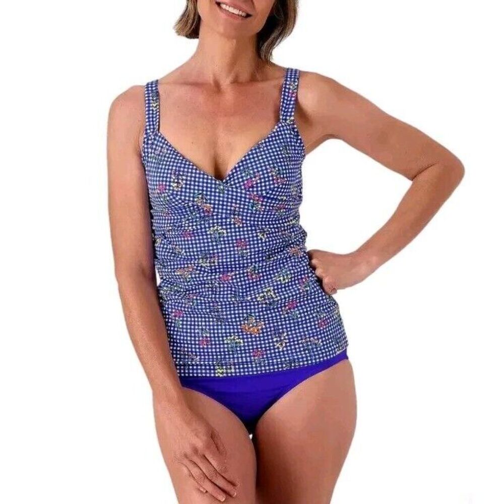 Lands' End‎ Womens V-Neck Wrap Underwire Swimwear Tankini Top Botanical Check 10